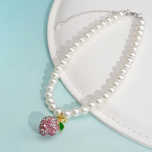 OEM Wholesale Rhinestone Beaded Pet Necklace – 30+7 cm Adjustable | Fruit Pendant Design for Cats & Small Dogs