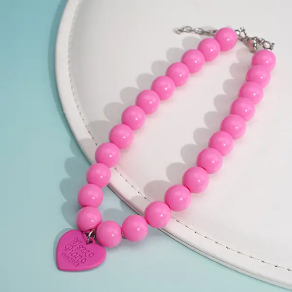OEM Wholesale Macaron Beaded Pet Collar – 28cm + 5cm Adjustable Extension | 12mm Beads & 23mm Heart Pendant for Cats & Small Dogs