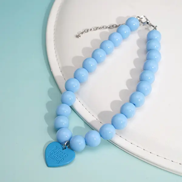 OEM Wholesale Macaron Beaded Pet Collar – 28cm + 5cm Adjustable Extension | 12mm Beads & 23mm Heart Pendant for Cats & Small Dogs
