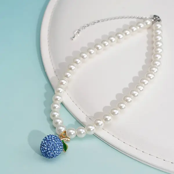 OEM Wholesale Rhinestone Beaded Pet Necklace – 30+7 cm Adjustable | Fruit Pendant Design for Cats & Small Dogs