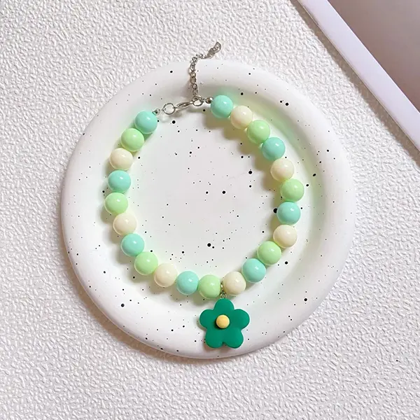 OEM Wholesale Macaron Beaded Pet Collar 12mm Round Beads with 23mm Floral Pendant for Cats & Small Dogs