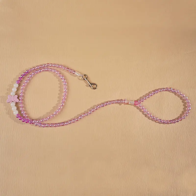 Custom Glow-in-the-Dark Beaded Pet Leash with Butterfly Charm – 130cm Acrylic Beads & Silicone Letters Manufacturers, Factories