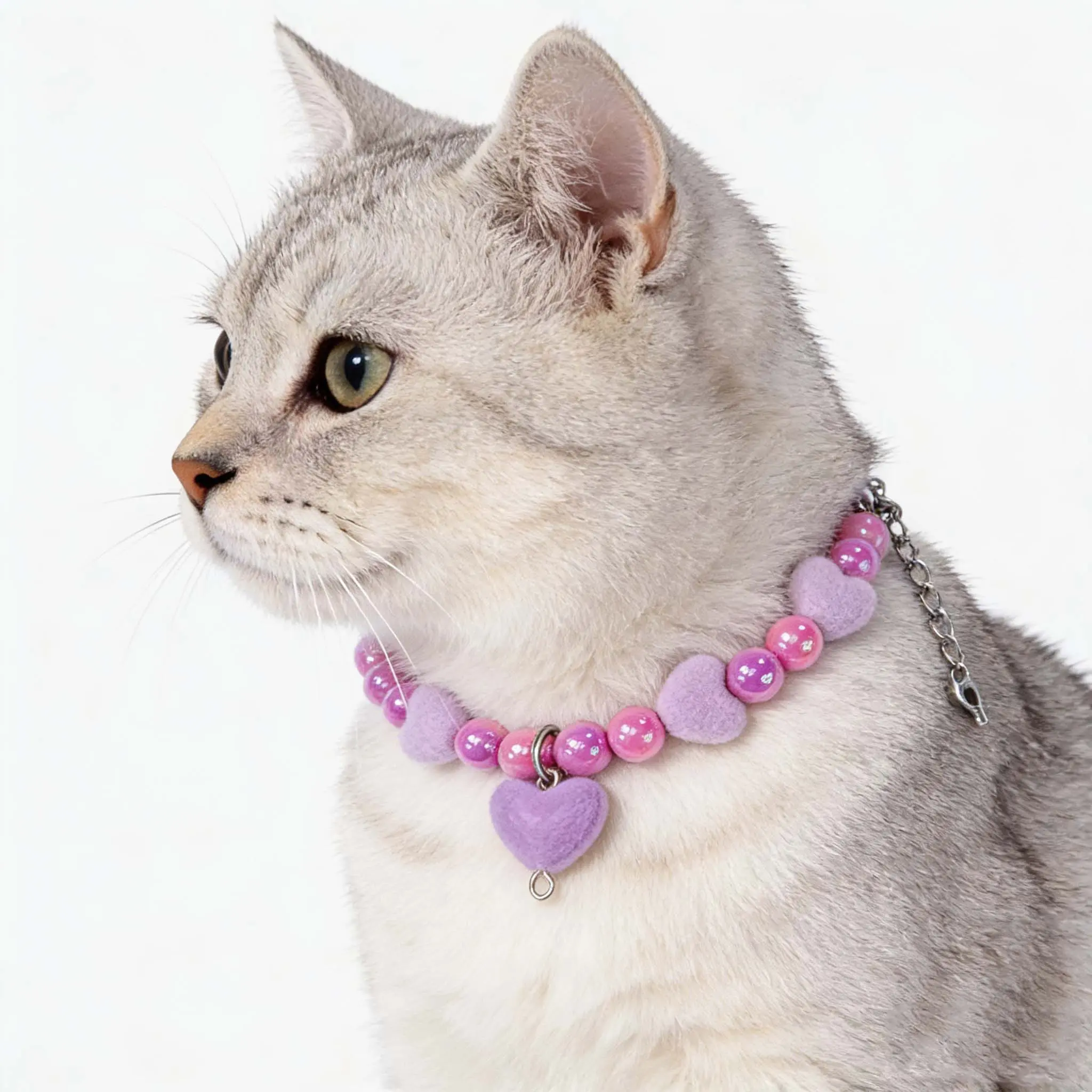 OEM Valentine’s Day Beaded Pet Necklace (Linked Style), 8mm Color-Plated Acrylic Beads with Flocking Heart Charm, Adjustable 30+5cm – 4 Color Variants Supplier, Exporters
