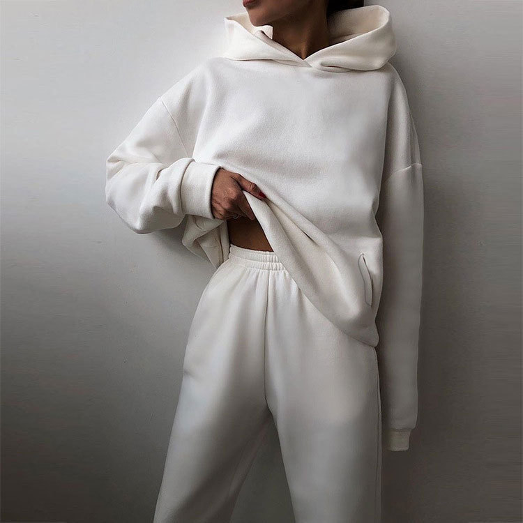 Custom Women Hoodies Pants Tracksuit Two Piece Set Casual Fleece Hooded Long Sleeve Tops Pants Autumn Winter Solid Color Suits