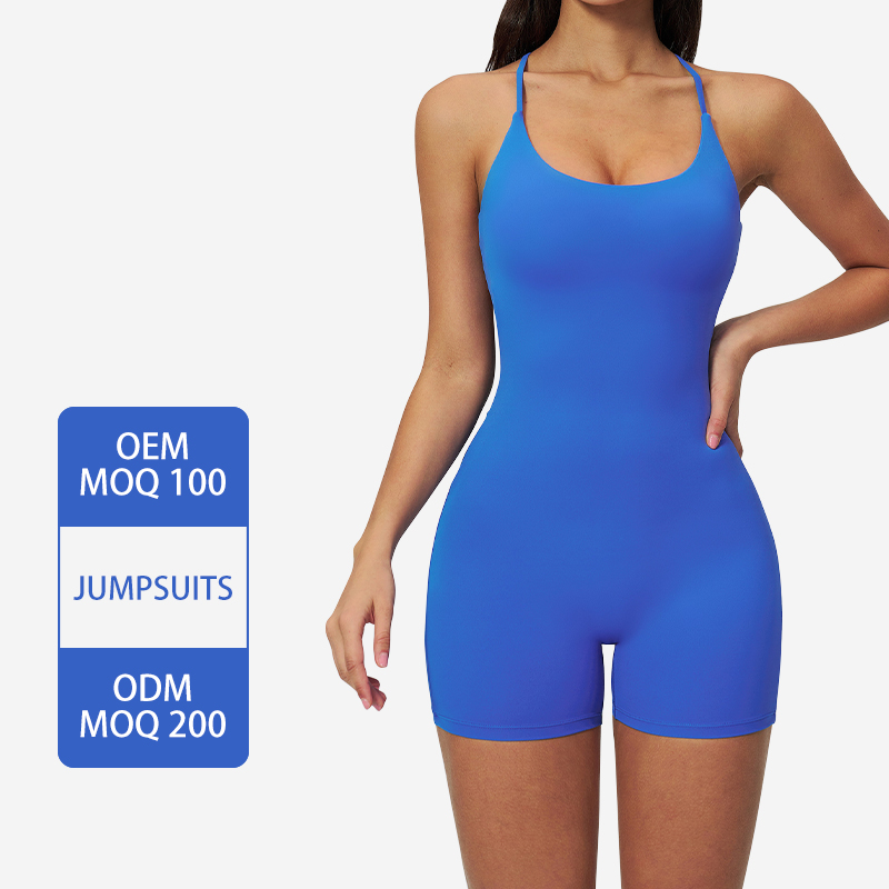 FLT3091 Cross Back Deep U Neck Sleeveless Short One Piece Jumpsuit Hip-lifting Pleated Micro-lingerie-style Yoga Outfit