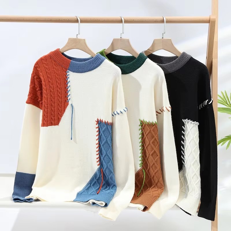 Autumn and Winter Warm Cashmere Sweater Knitted Men's Sweater Fashion Crew Neck Pullover Patch Street Wear Casual Men's Sweater