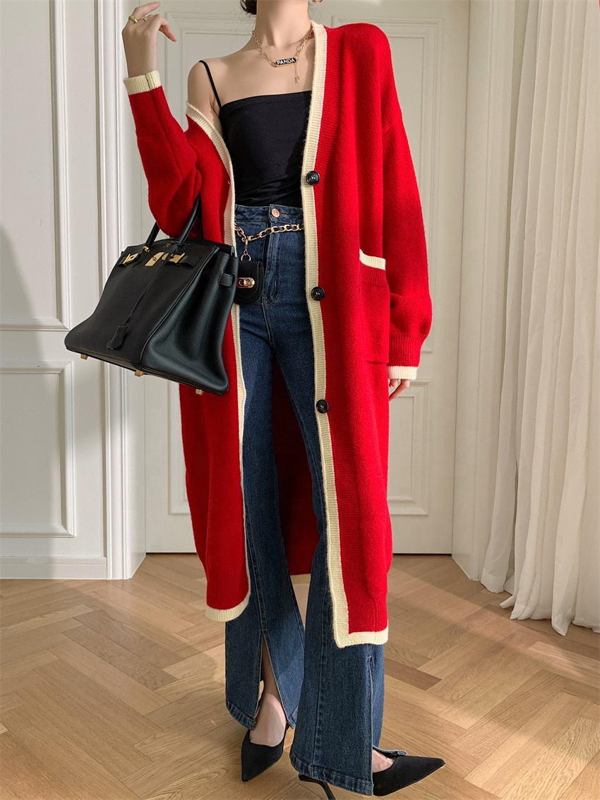 Women's Simple Lazy Style Thick V-neck Long Knitted Cardigan Autumn Winter Casual Loose Button Decoration Breathable 28%Nylon