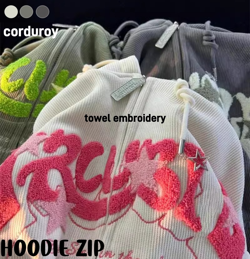 Wholesale Men's Fashion Full Zip up Hooded Pullover Hoodie Letters Towel Chenille Embroidery on Corduroy Polyester for Winter