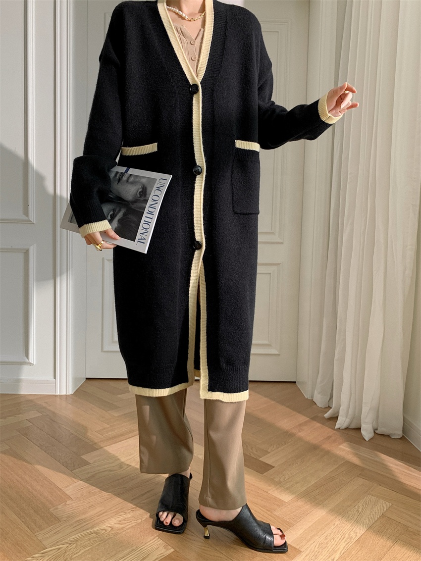 Women's Simple Lazy Style Thick V-neck Long Knitted Cardigan Autumn Winter Casual Loose Button Decoration Breathable 28%Nylon