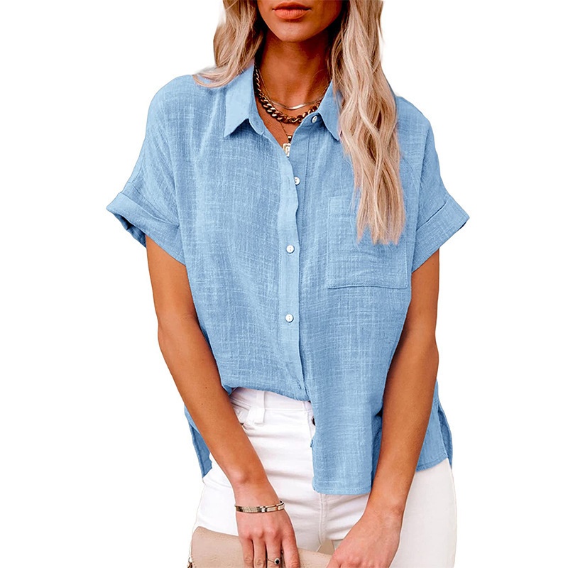 Hot Sale Women's Summer Linen Casual Shirt Short Sleeve Blouse Loose Fit Button Shirt