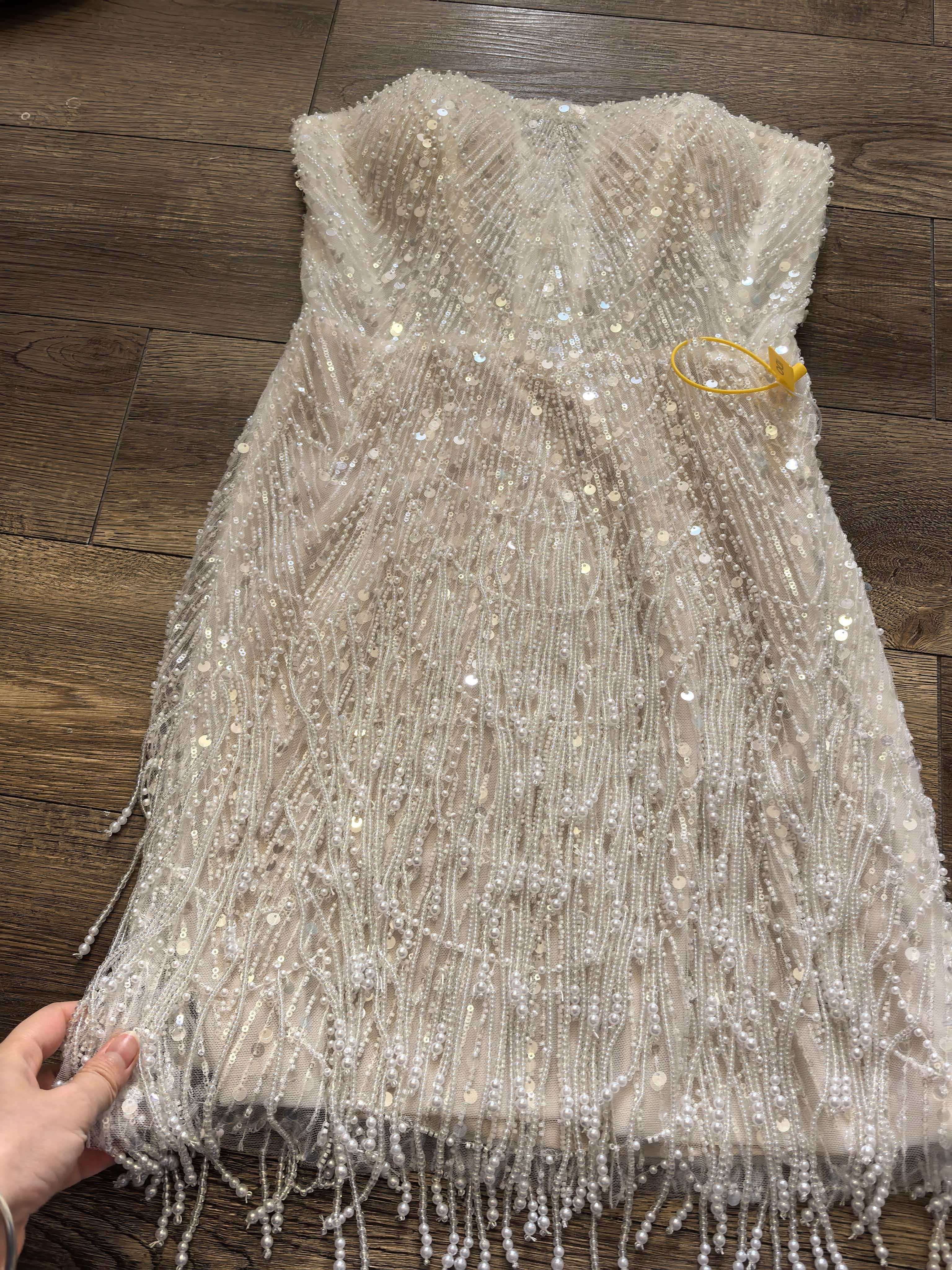 Luxury Sexy Rhinestone Sequin Beads Pearl Tassel Chain Sleeveless Mini Dress For Birthday Party Wedding