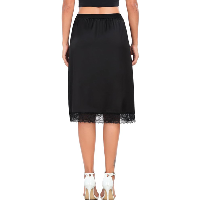 OEM/ODM Women Vintage Satin Lace Trim Anti-Static Long Underskirt Soft Slip Dress Satin Midi Skirt