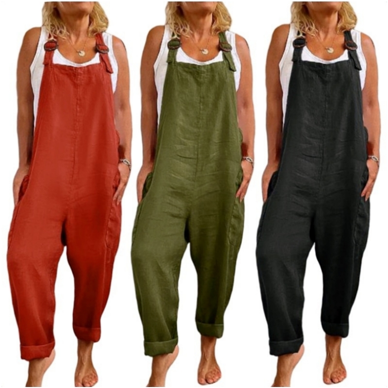 Women Cotton Linen Casual Jumpsuits Adjustable Straps Wide Leg Pocketed Loose Rompers Female Casual Vintage Overalls