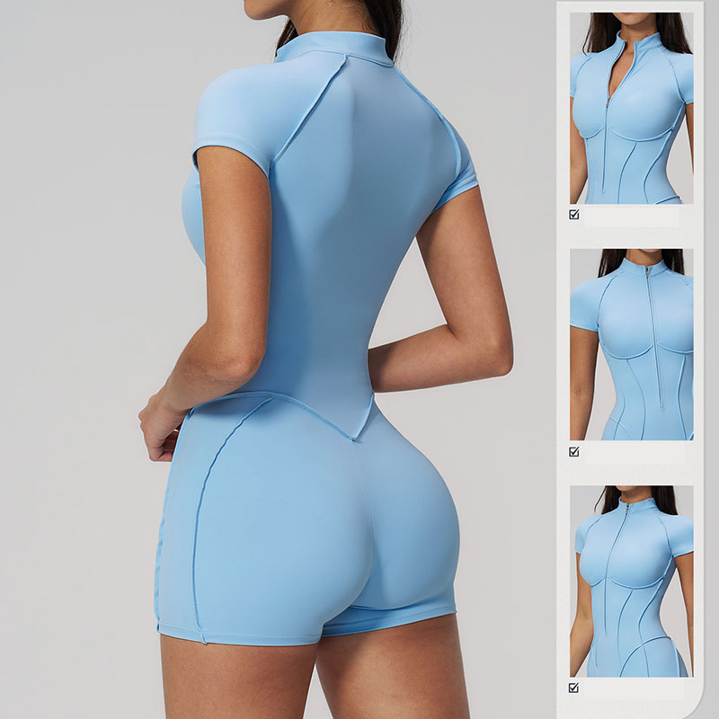 High Quality Custom Zipper Summer Gym Fitness Stand Collar Half Zipper Yoga Bodysuit Sportswear Workout Shorts Jumpsuit