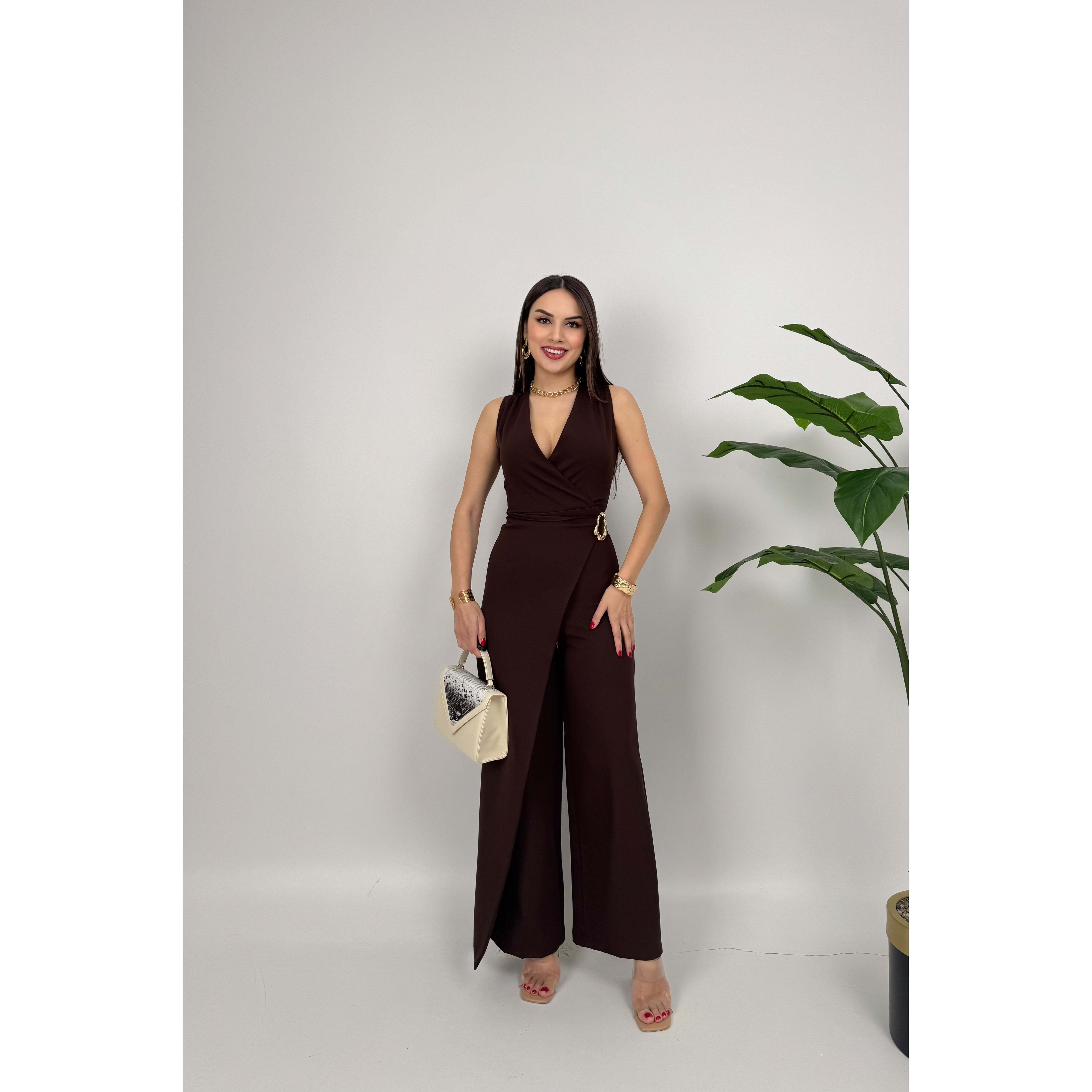 MissJANELL Women's 3019 Black Satin Jumpsuit with Waist Buckle Detail