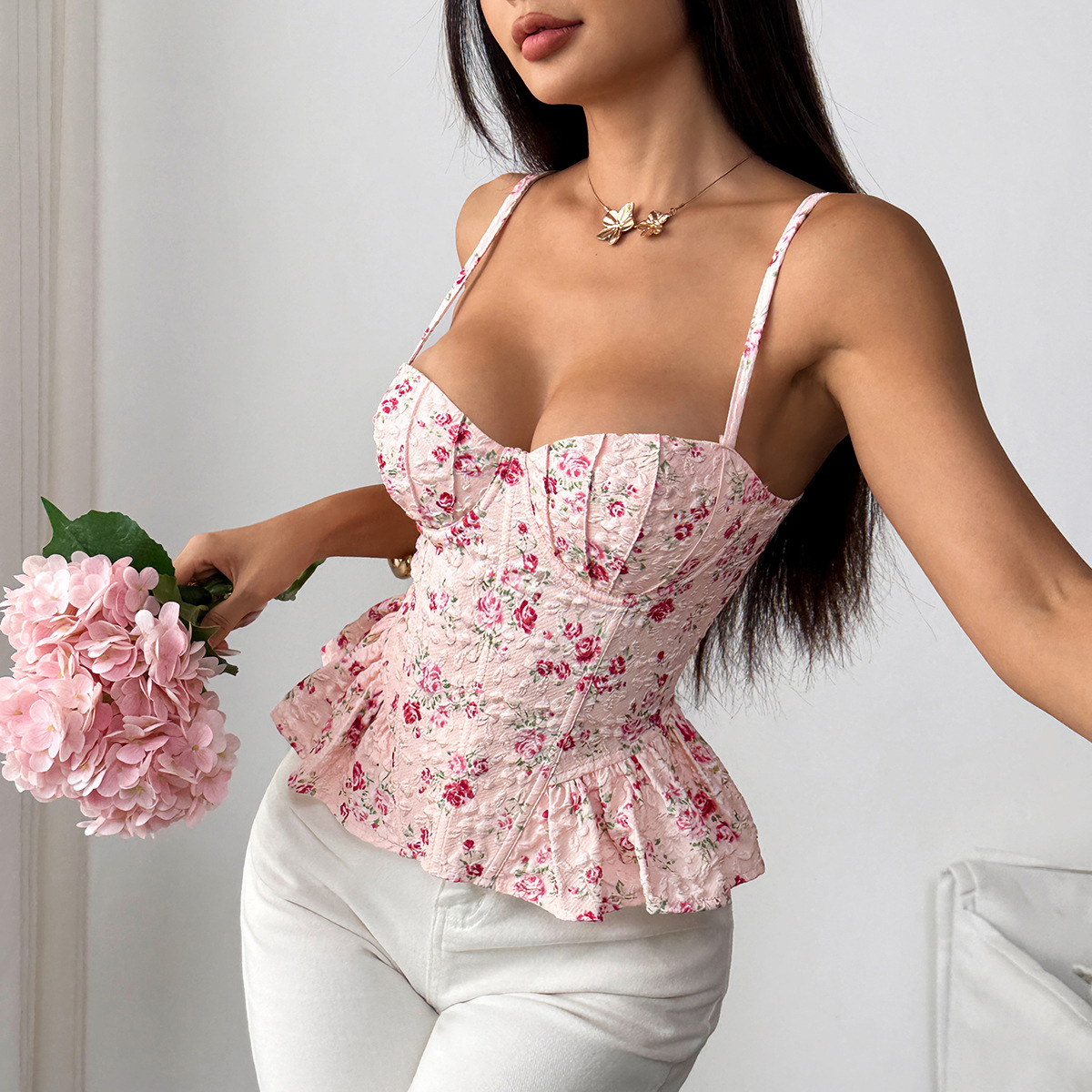 Butter Yellow Floral Print Sleeveless Embroidery Peplum Corset Cami Top Romantic Cottagecore Waist Trainer Bustier for Women