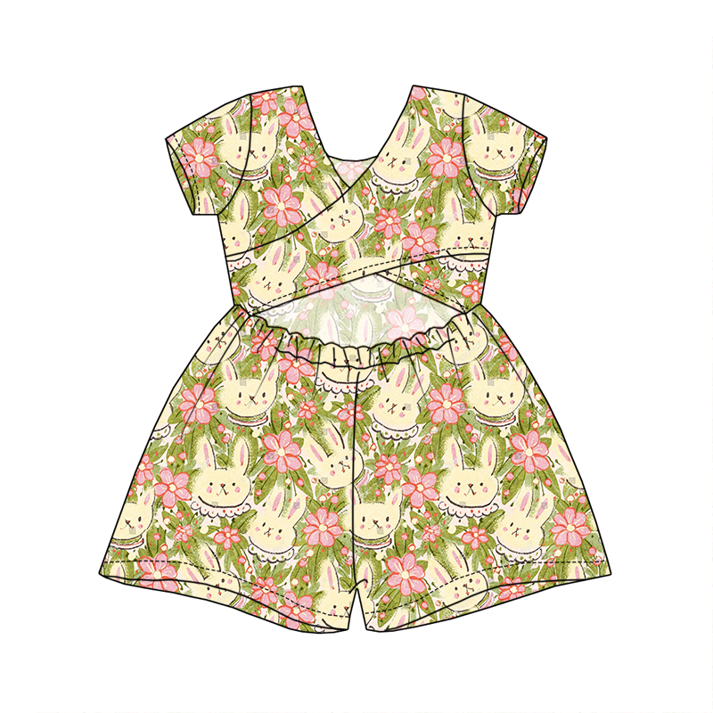 Wholesale Girls Short-Sleeve Wrap-Back Cutout Romper with Stretchy Waist Toddler Breathable Summer Playsuit One-Piece Jumpsuit