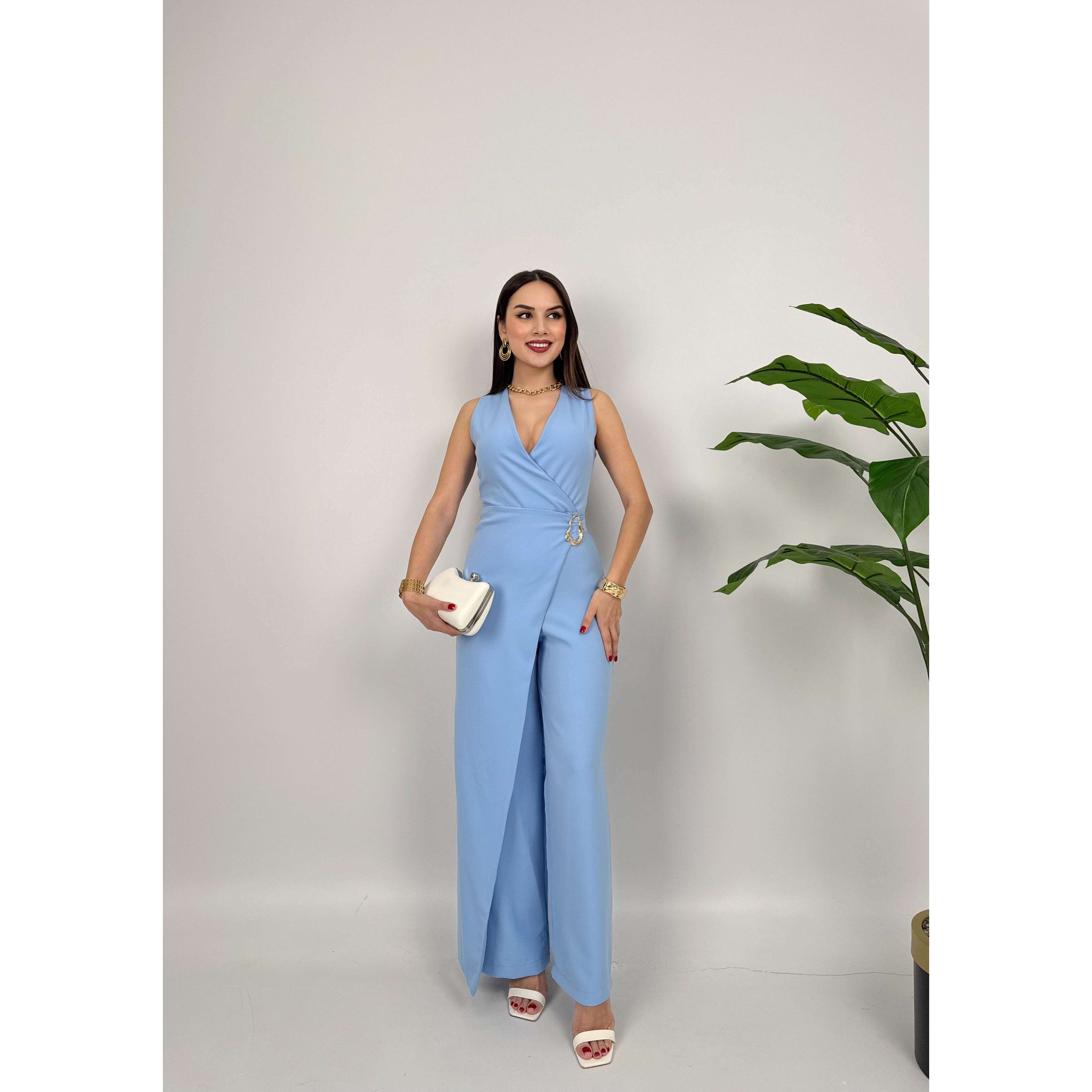 MissJANELL Women's 3019 Black Satin Jumpsuit with Waist Buckle Detail