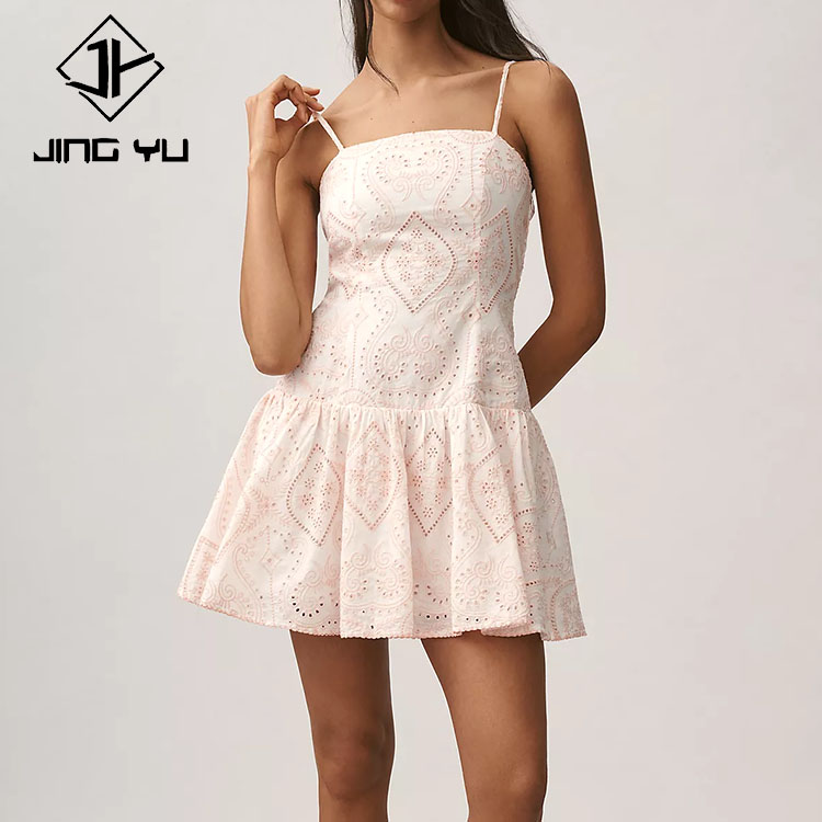 2026 New Style Square Neck Low Waist Embroidered Mini Dress Custom Cotton Mini Dress for Women