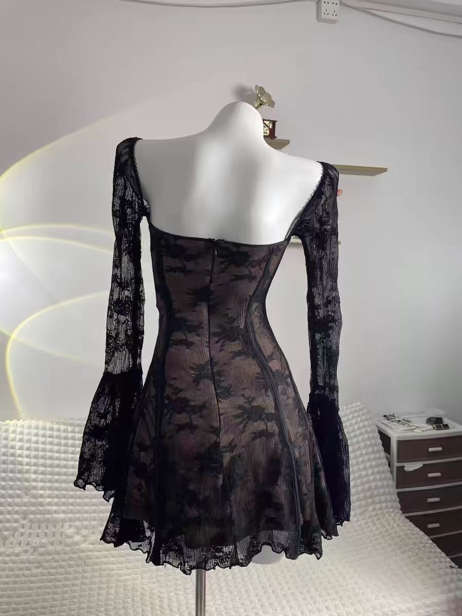 LS2436 Star Sexy Printed Long Sleeve Lace-up Minidress Fashion Elegant Women Lace Dress Street Casual A-line Dress