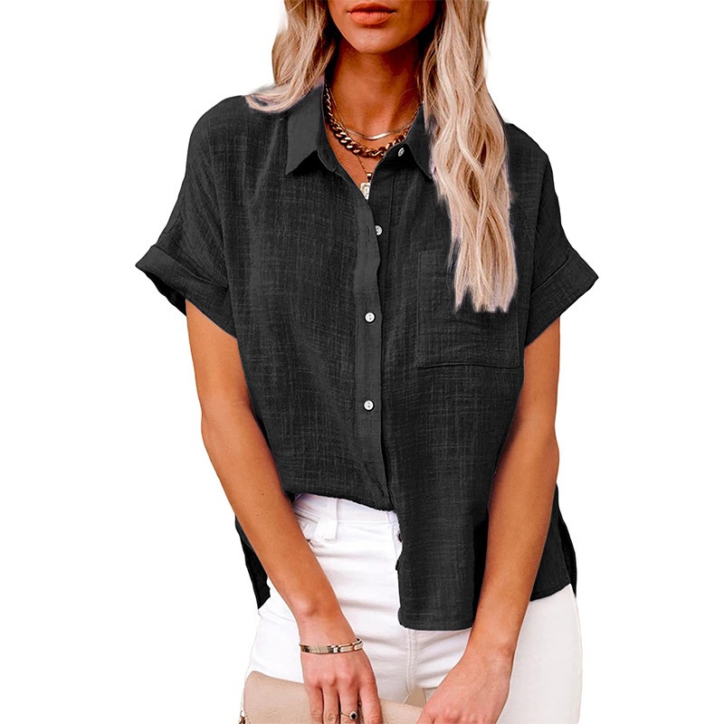 Hot Sale Women's Summer Linen Casual Shirt Short Sleeve Blouse Loose Fit Button Shirt