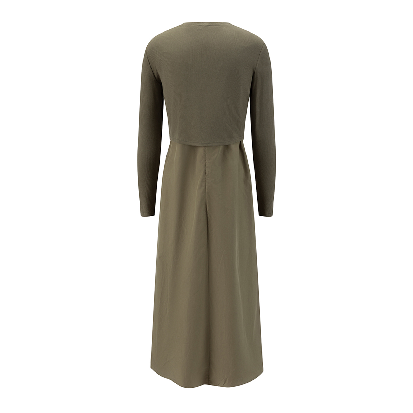 Women's Olive Green Two-Piece Midi Dress Set Cropped Knit Top &amp; Flowy Skirt Vepeen Apparel