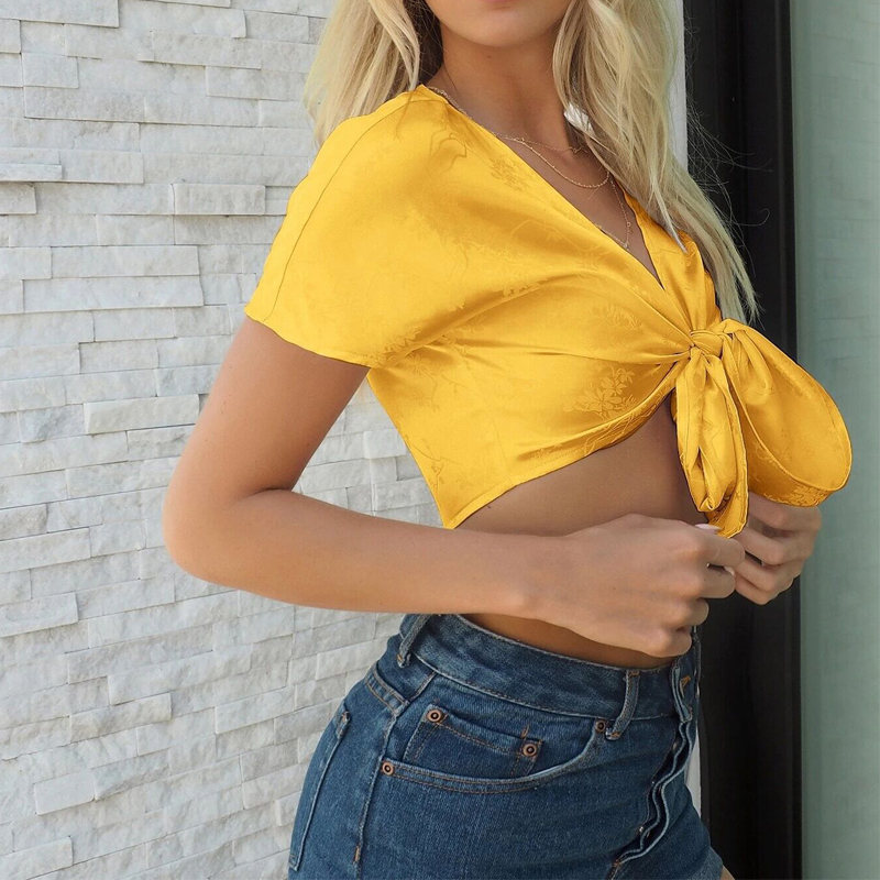 Custom Crop Top Summer V Neck Floral Pattern Bandage Patchwork Short Sleeve Blouse Satin Sexy Women Blouses