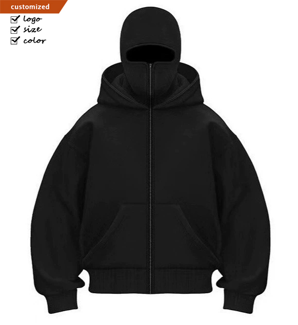 Custom Logo Embroidered Double Hood Ninja Double Layer Pullover Plus Size Heavy Full Zip Balaclava Hoodie Mens Gangster Hoodie