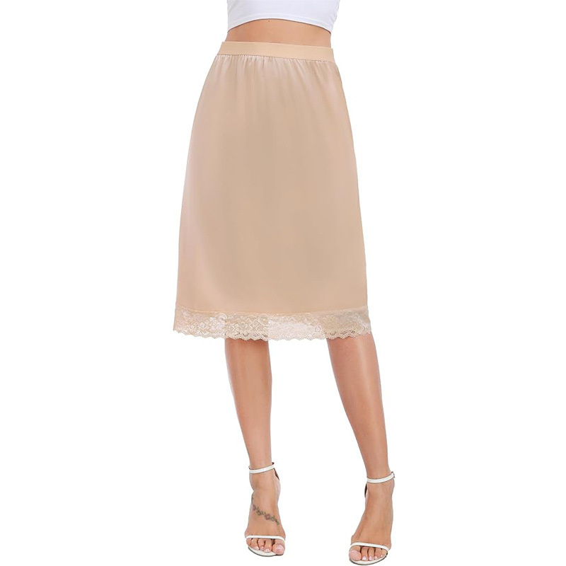 OEM/ODM Women Vintage Satin Lace Trim Anti-Static Long Underskirt Soft Slip Dress Satin Midi Skirt