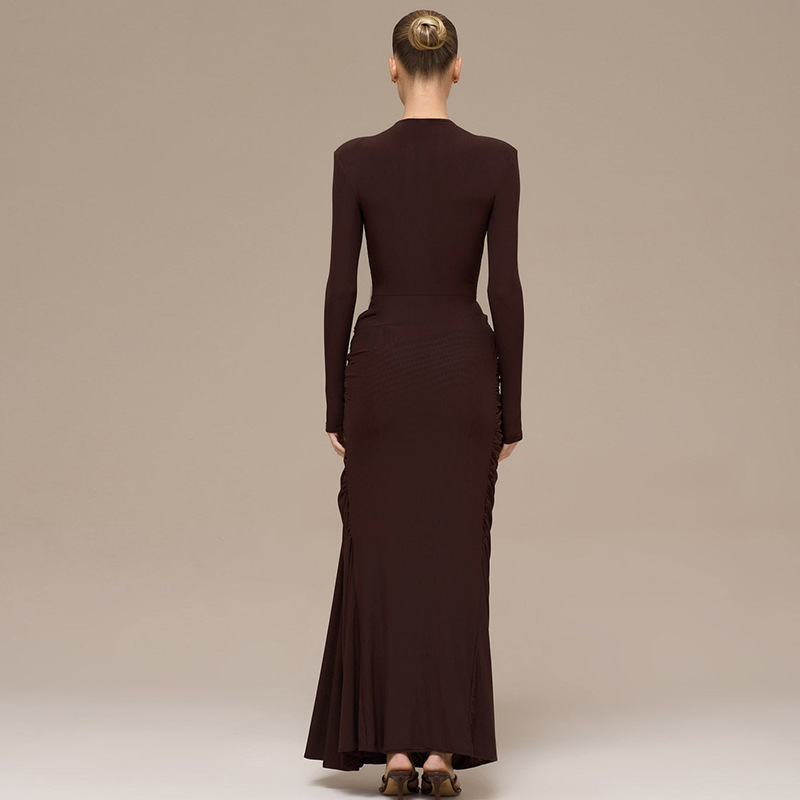 STOCK Two Colors Long Sleeve Women Dress Pleated Maxi Dress Casual Gown S-L