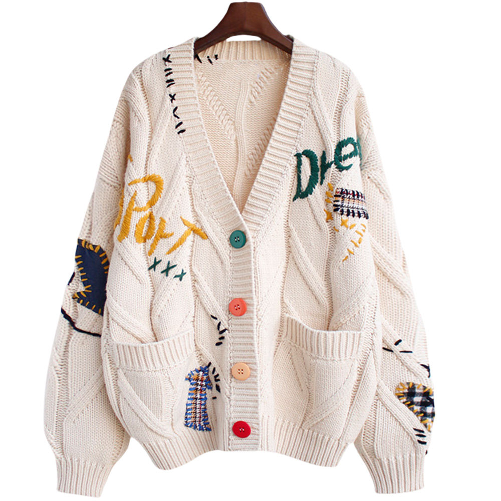 Custom LOGO Ladies Cardigan Sweater Embroidered Patch Autumn Casual Winter Knitted Coat Pocket Women's Jacket for Autumn Season