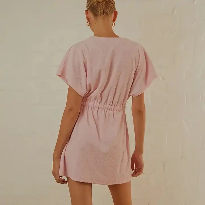 2023 High Quality Elegant Terry Towelling Mini Dress Pink Terry Towel Fabric Rib Band Detail V-neck Mini Dress With Belt