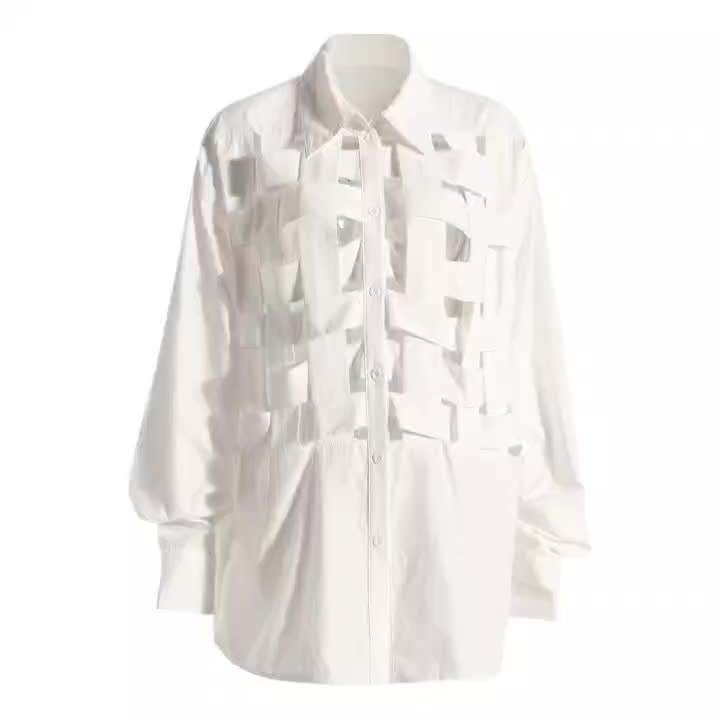 New Design High Quality Nice French Ladies Blouse Women Hollow Out Blouse White Blouses Cotton Full Clothing Adults Solid Casual