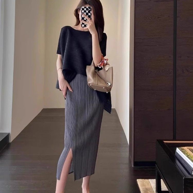 Miyake Summer Midi Pleated Short Sleeve T-Shirt and Skirt Two-Piece Set for Women 2025 New