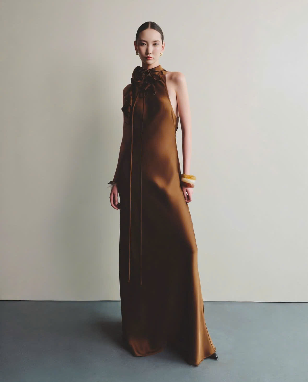 Halter Neck Bronze Silk Maxi Dress Elegant and Alluring Beauty Made in Vietnam
