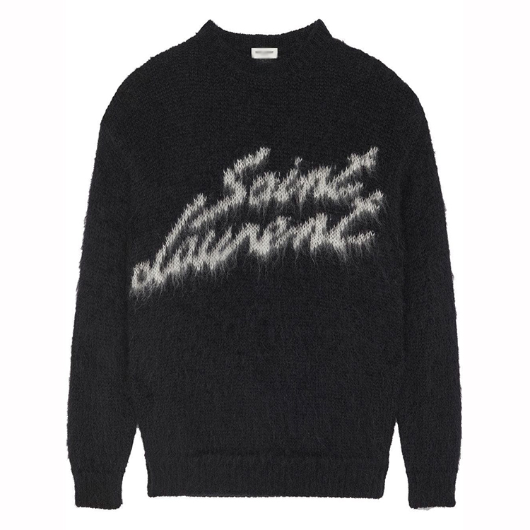 AiNear Wholesale Custom logo Design Oem &amp; Odm Long Sleeve Crew Neck Letter Jacquard Black Men's Mohair Knitted Pullover Sweater