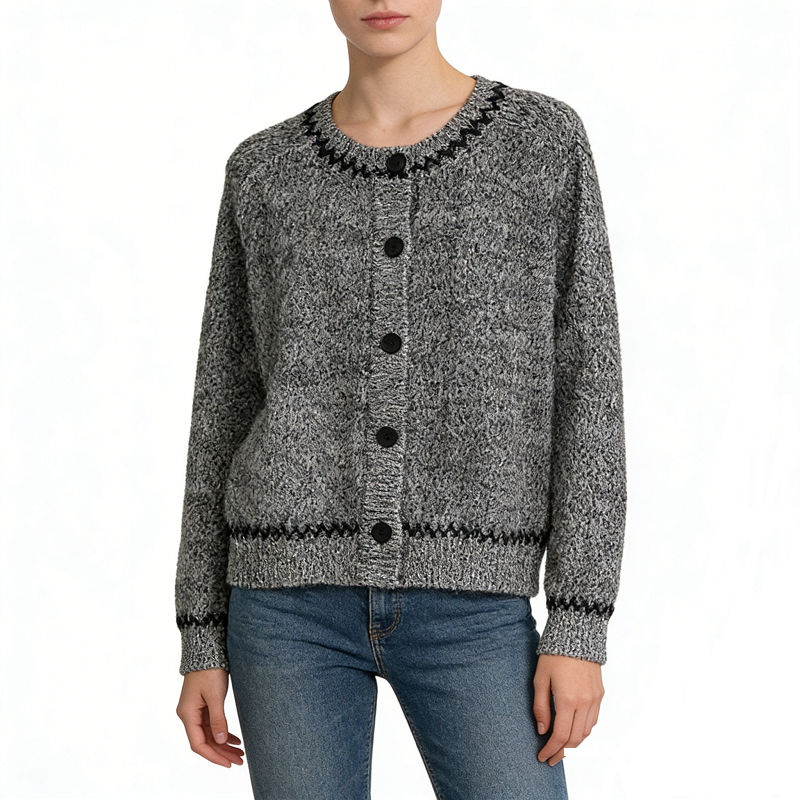 Hot-Selling New Winter for Women's Streetwear Thick Fashion Color-Block Round-Neck Knitted Cardigan Sweater Single-Row Button