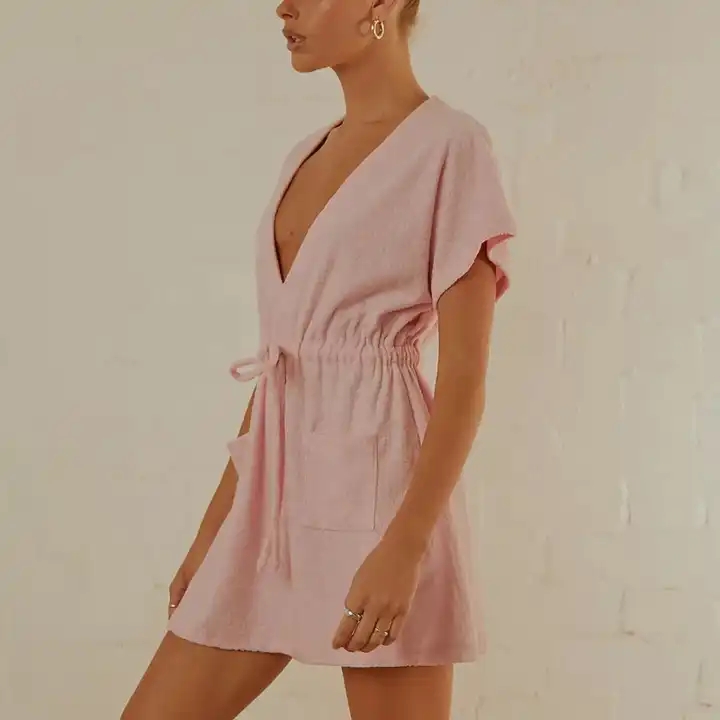 2023 High Quality Elegant Terry Towelling Mini Dress Pink Terry Towel Fabric Rib Band Detail V-neck Mini Dress With Belt