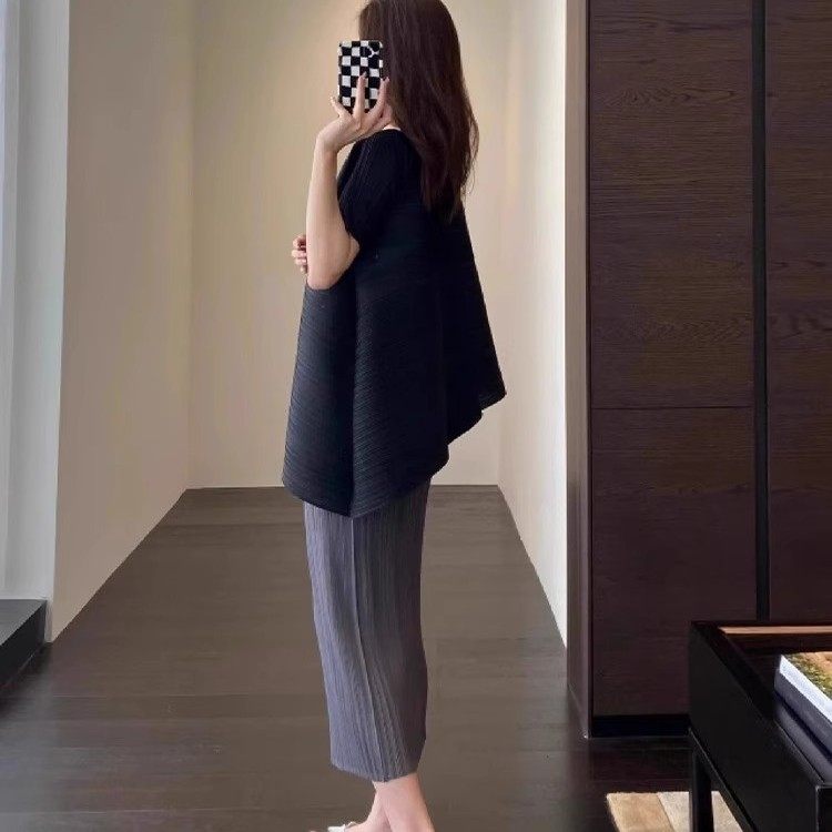 Miyake Summer Midi Pleated Short Sleeve T-Shirt and Skirt Two-Piece Set for Women 2025 New