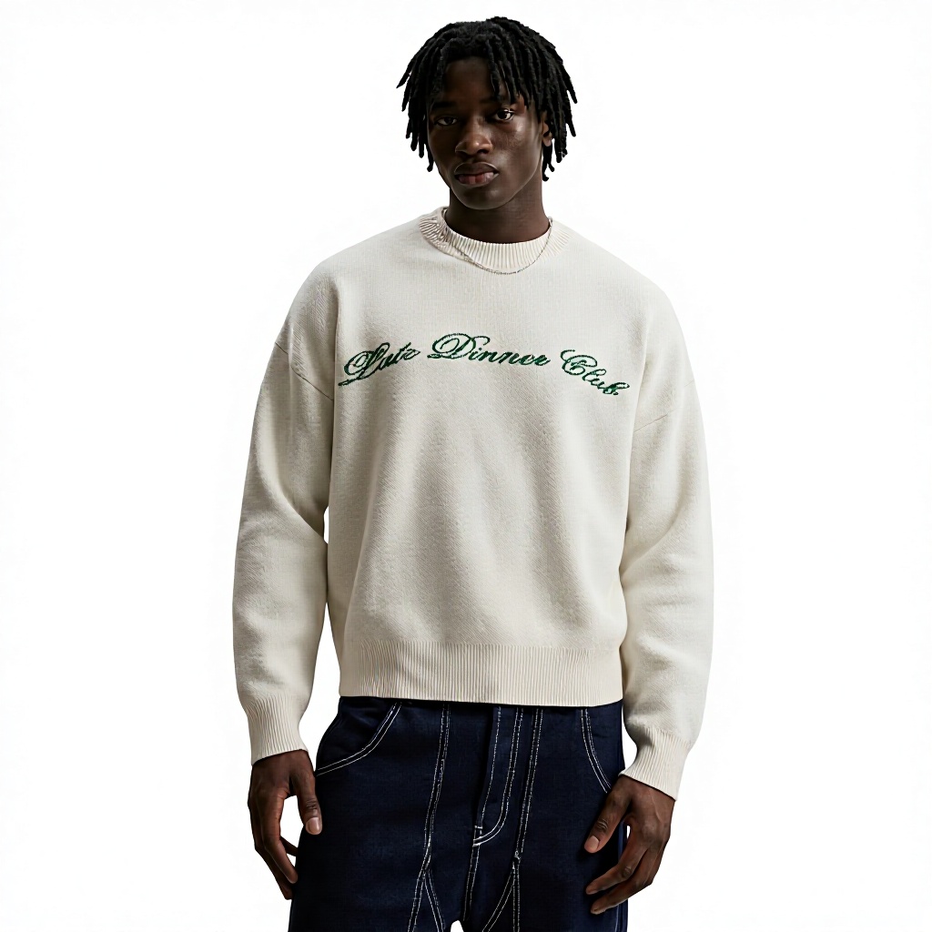 Custom Logo Casual Oversize Jacquard Letter Knit Top 100% Cotton Crew Neck Long-sleeve Jacquard Knit Sweater for Men