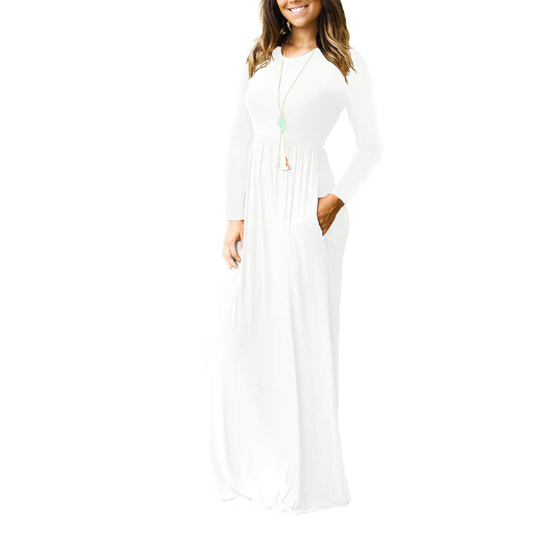 New Women's Long Sleeve Loose Plain Maxi Dresses Casual Long Dresses With Pockets