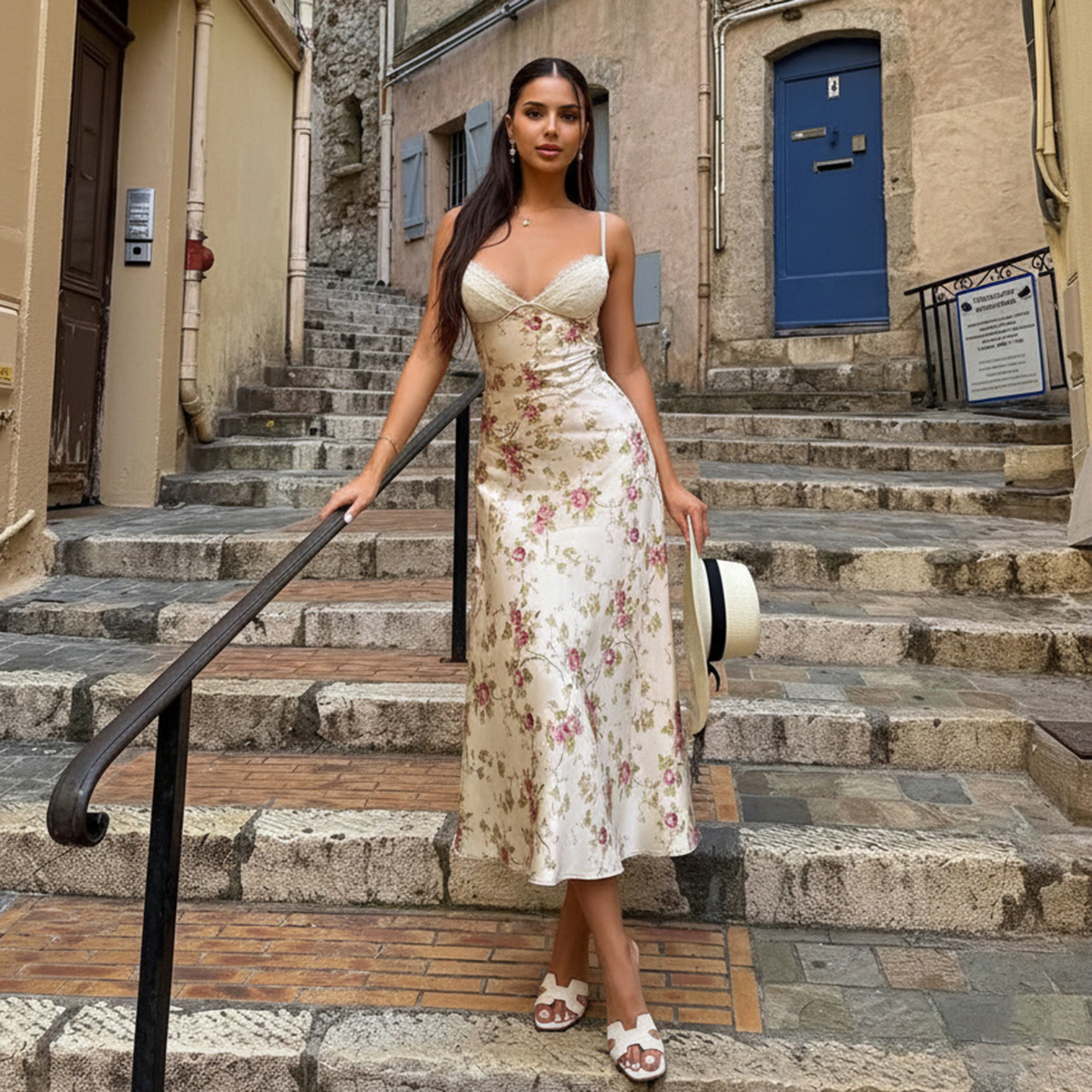 Elegant Casual Summer Eco-Friendly Breathable Floral Digital Printed Woven A-Line Spaghetti Strap Maxi Dress Lace Satin Contrast
