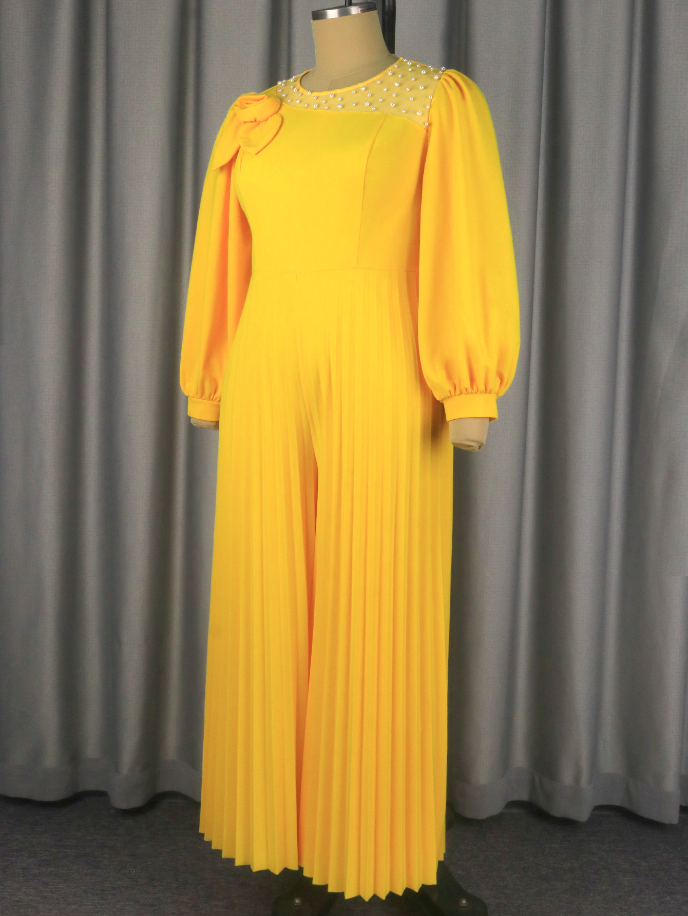 AM050934 O Neck Long Lantern Sleeve Beading Jumpsuit Flower Pleated Casual Wide Leg Playsuit