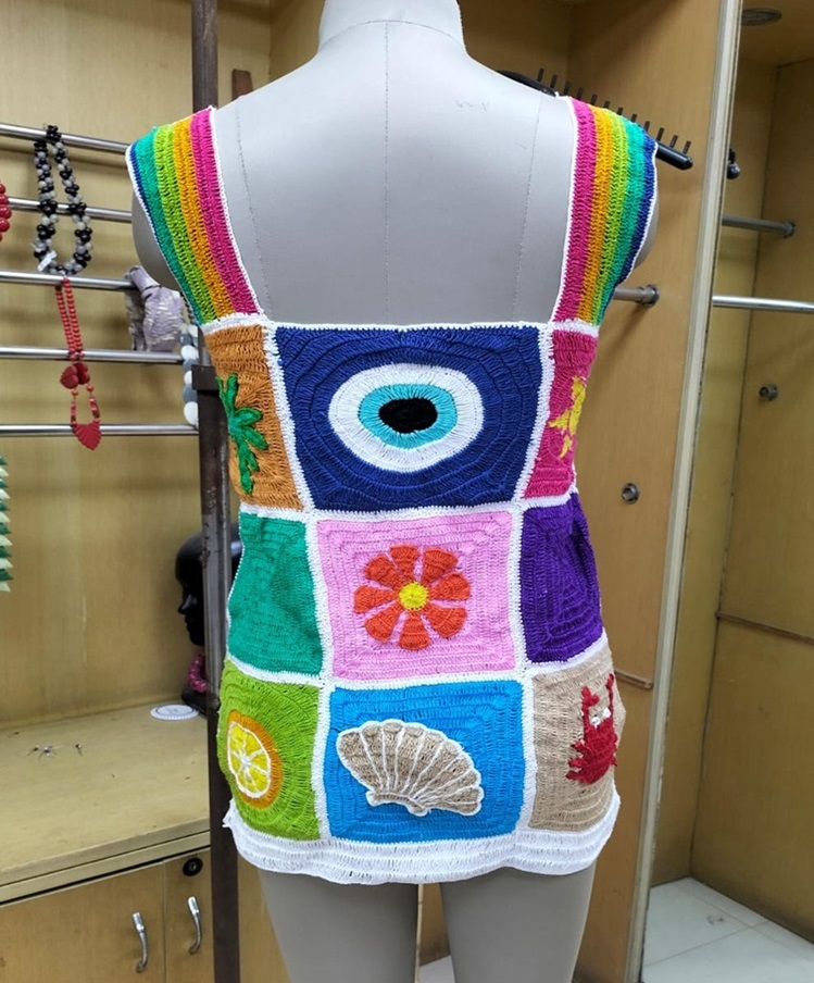 Hand Crochet Multicolour Patch Work Mini Dress with Natural Inspired Handmade Motifs