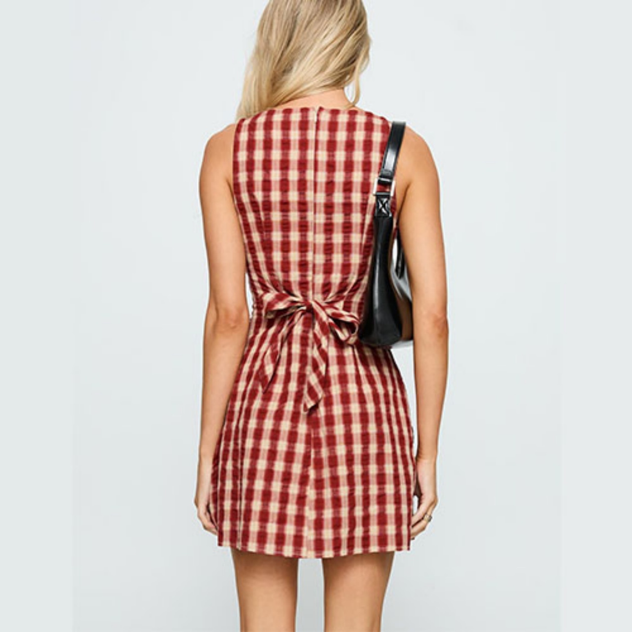 New Arrival Custom Women Gingham Cotton Mini Dress Elegant Back Zip Bow Sleeveless Tight Waist Plaid Mini Dresses for Female