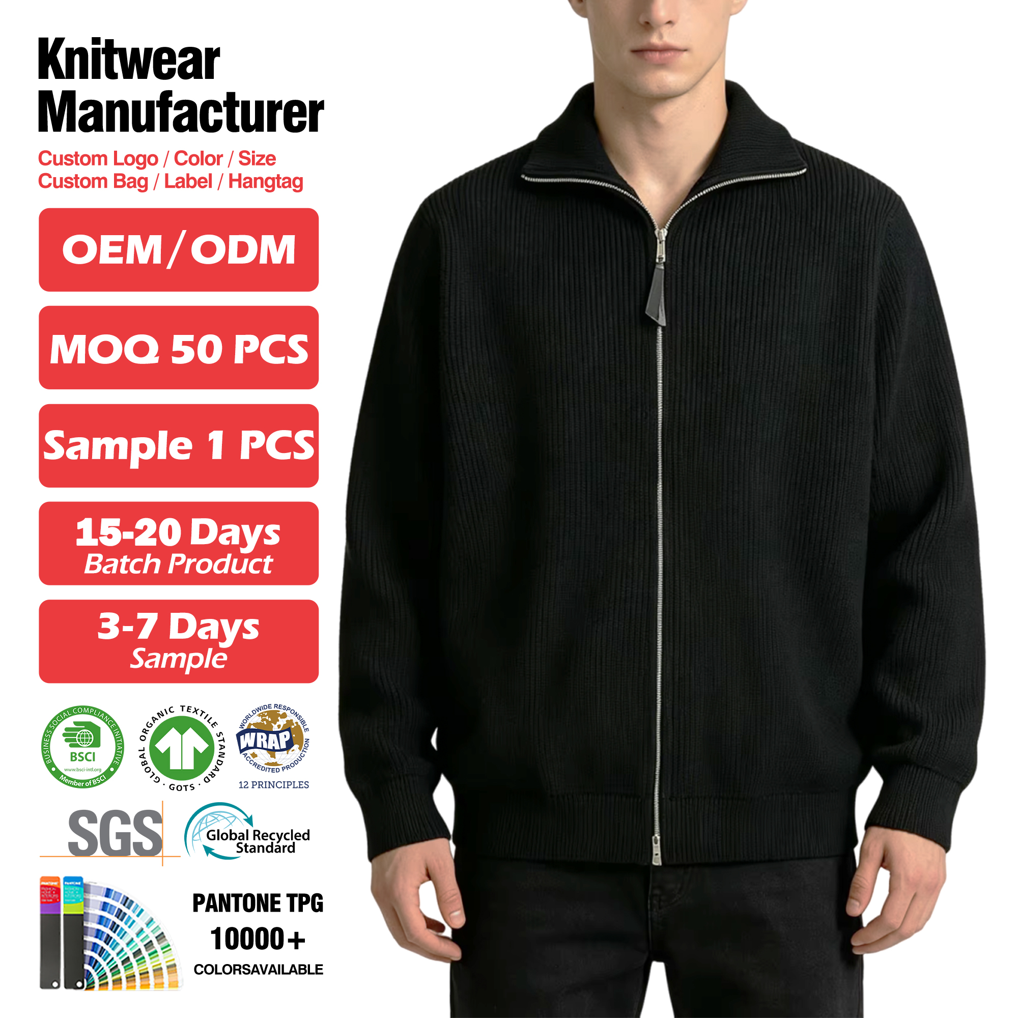 High Quality Rib Knit Knitted Cardigan With Side Pockets Turn Down Collar Turtleneck Front Zip up Jacket Sweater Cardigan
