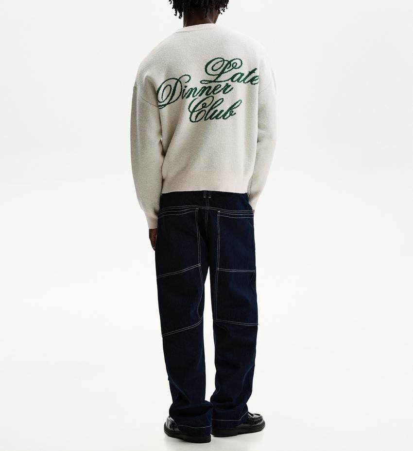 Custom Logo Casual Oversize Jacquard Letter Knit Top 100% Cotton Crew Neck Long-sleeve Jacquard Knit Sweater for Men