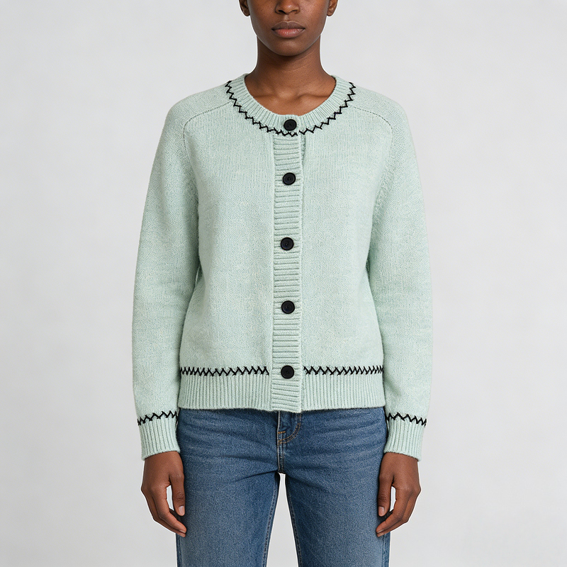 Hot-Selling New Winter for Women's Streetwear Thick Fashion Color-Block Round-Neck Knitted Cardigan Sweater Single-Row Button