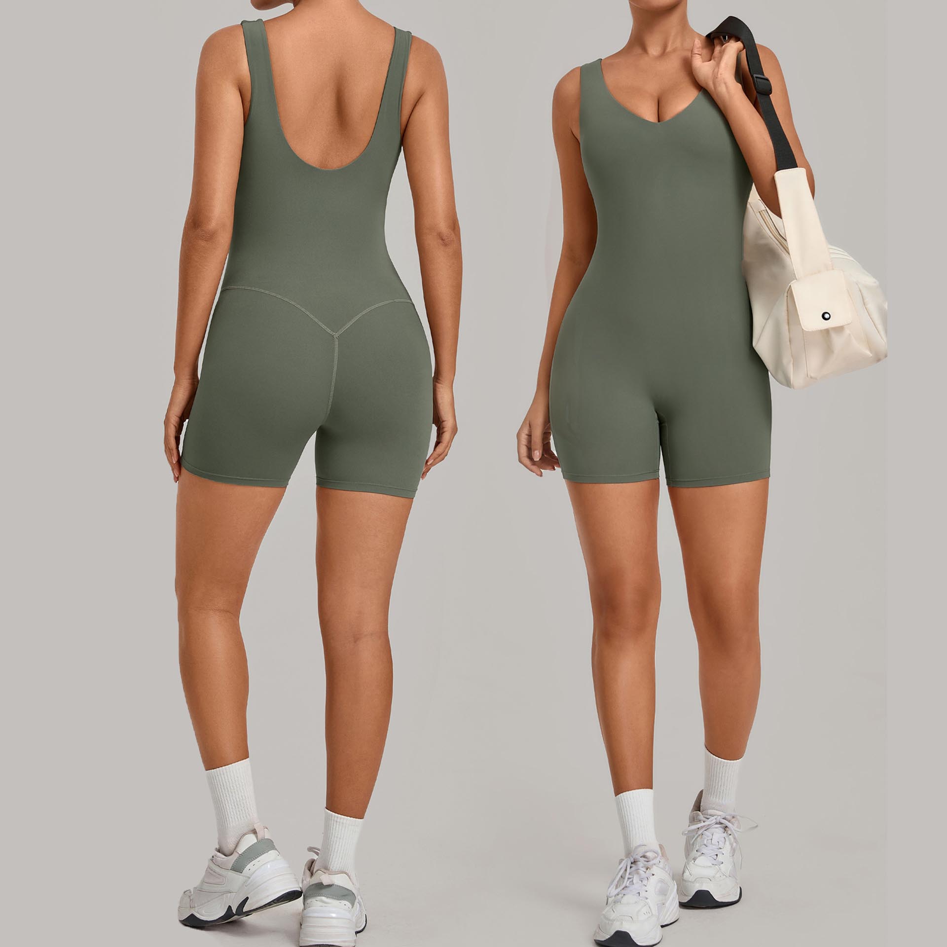 YIYI Women's V-Neck Backless Yoga Jumpsuit Built-in Bra One-piece Tight Sports Bodysuit Sleeveless Running Fitness Romper