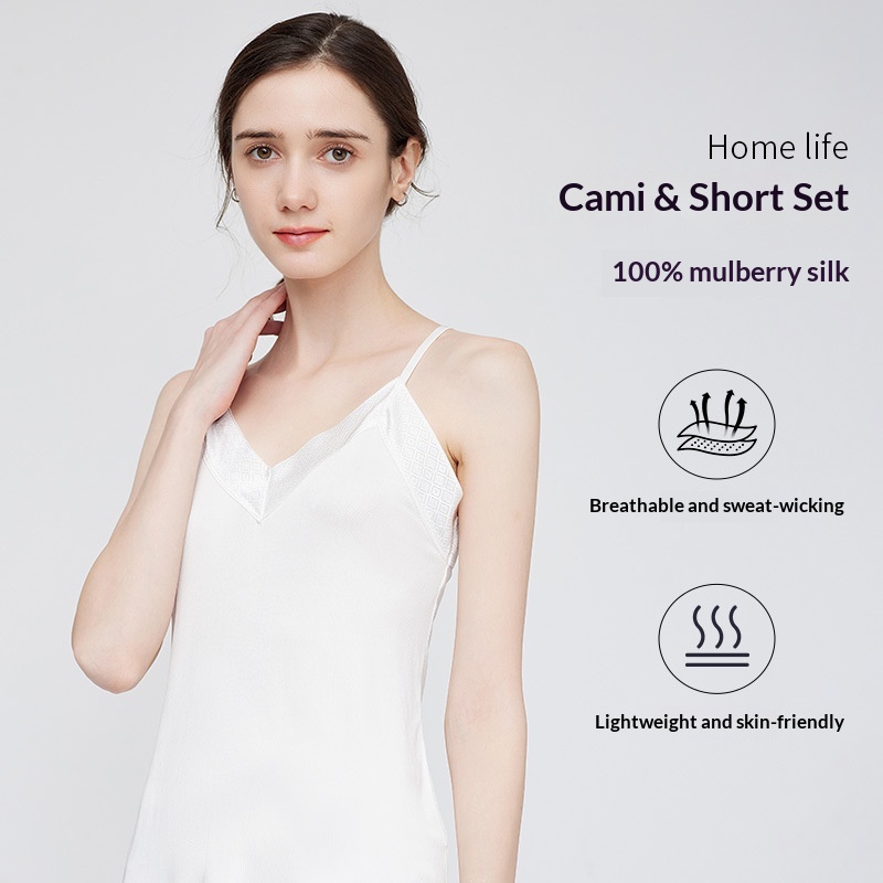 2024 New Summer Breathable Solid Thin Camisole 100% Mulberry Silk Women'S High-End Homewear Pajamas Set